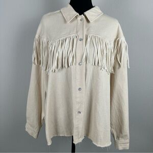 Fringe Pearl Snap Button Up Shirt Size Large Cream Western Rodeo Cowgirl Ranch